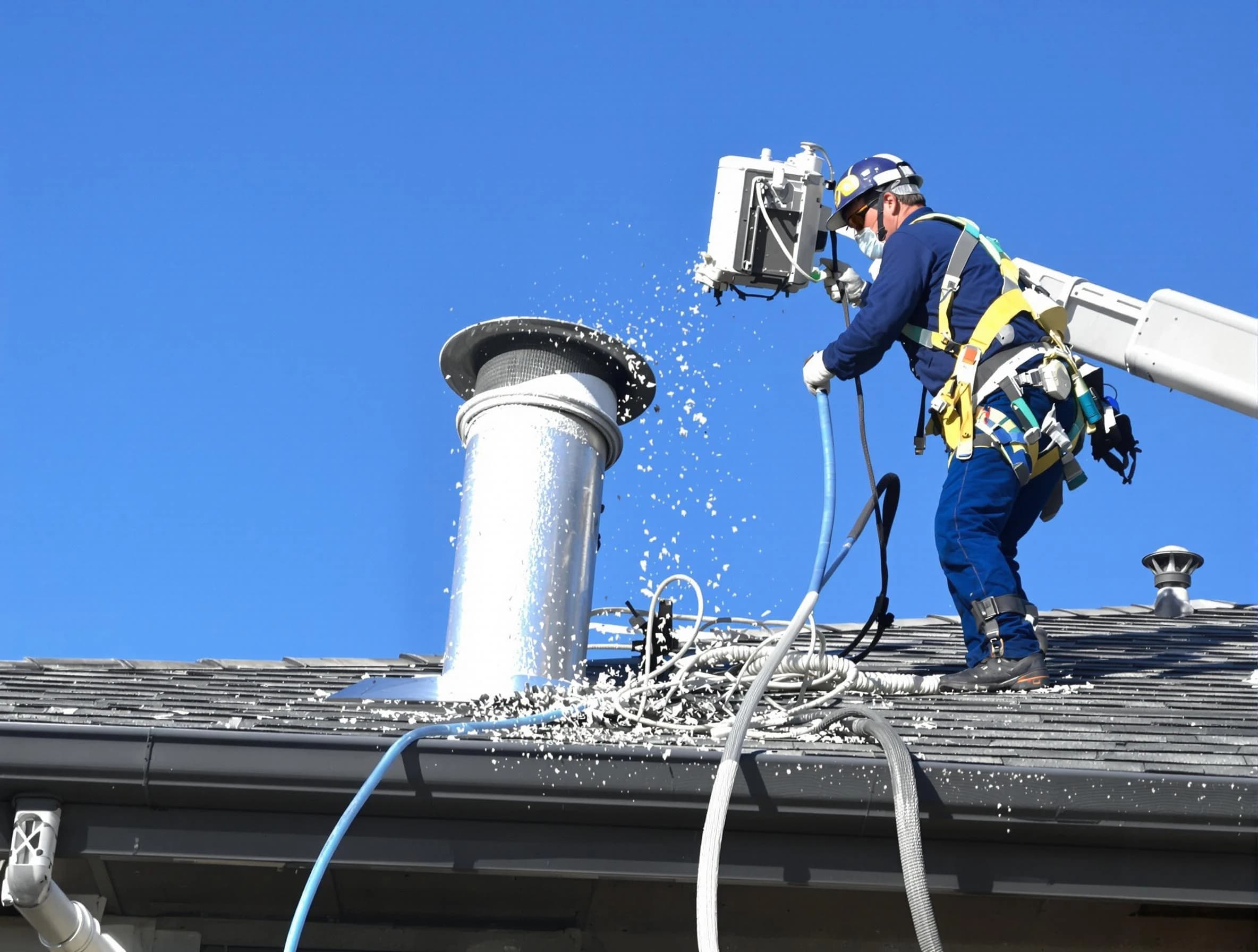 Tooele Dryer Vent Cleaning certified technician safely cleaning a roof-mounted dryer vent in Tooele