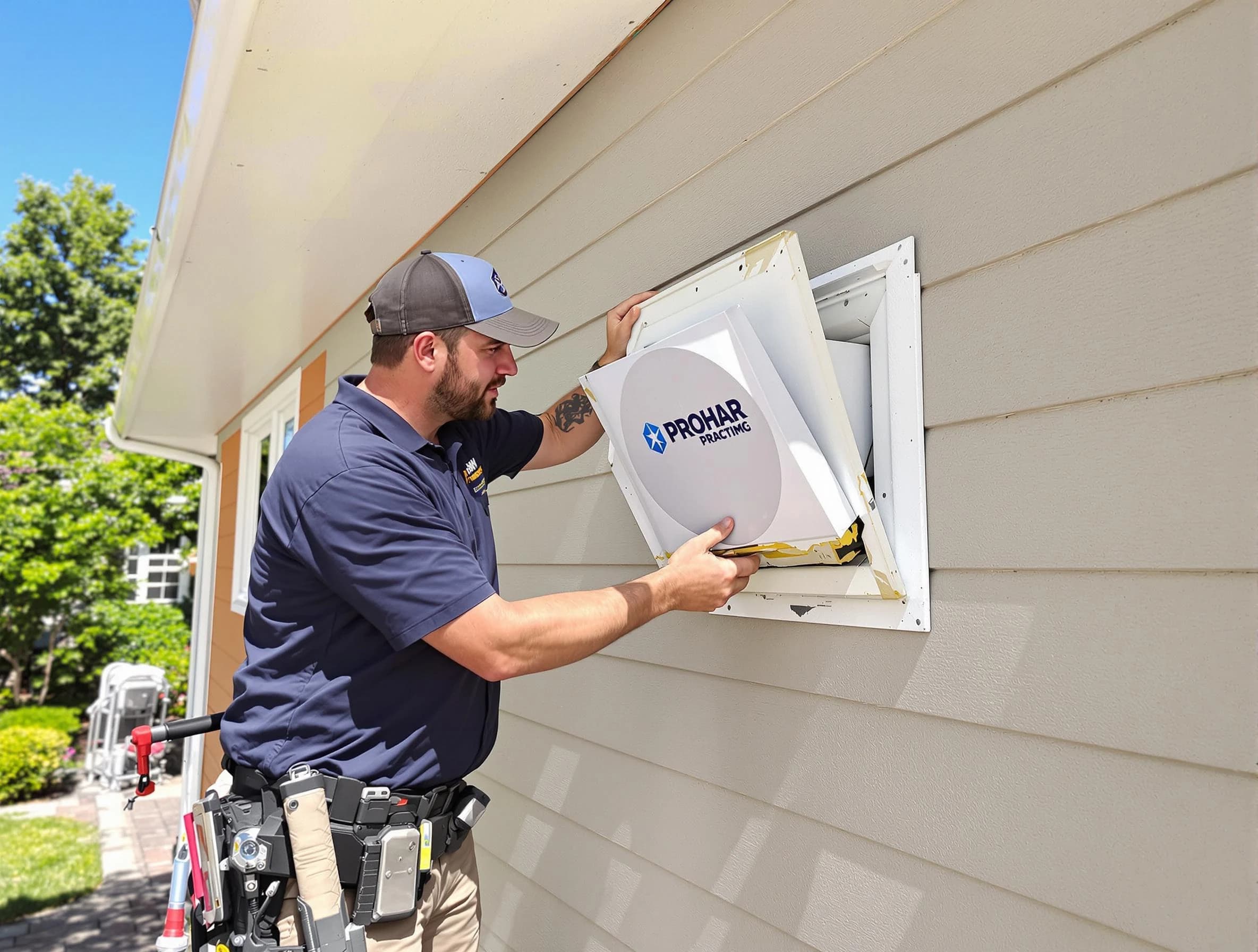 Tooele Dryer Vent Cleaning technician installing a new protective dryer vent cover on a home in Tooele