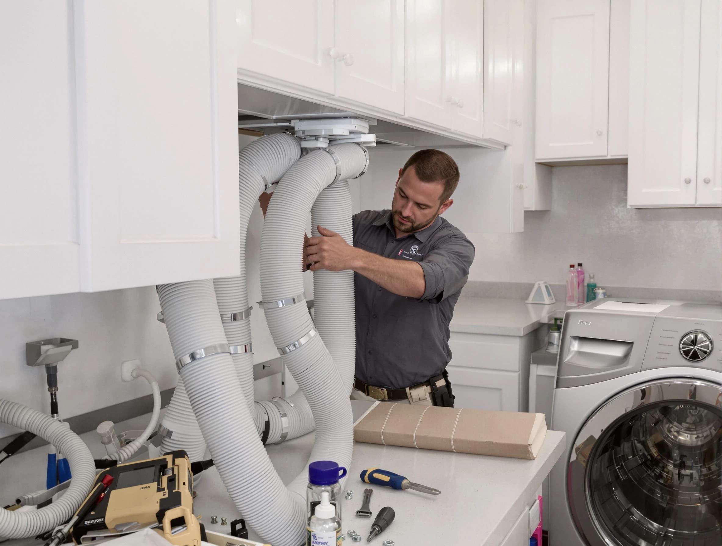 Tooele Dryer Vent Cleaning technician installing a new professional-grade dryer vent hose in Tooele