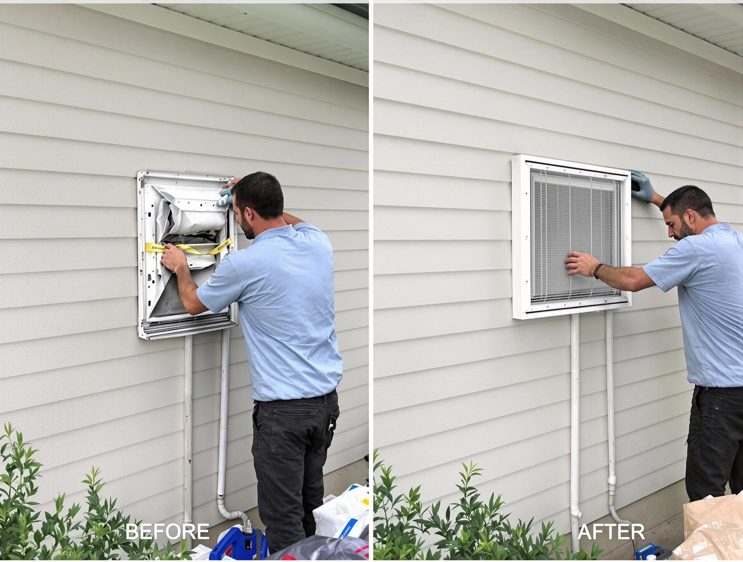 Tooele Dryer Vent Cleaning technician installing high-quality dryer vent cover at a residential property in Tooele